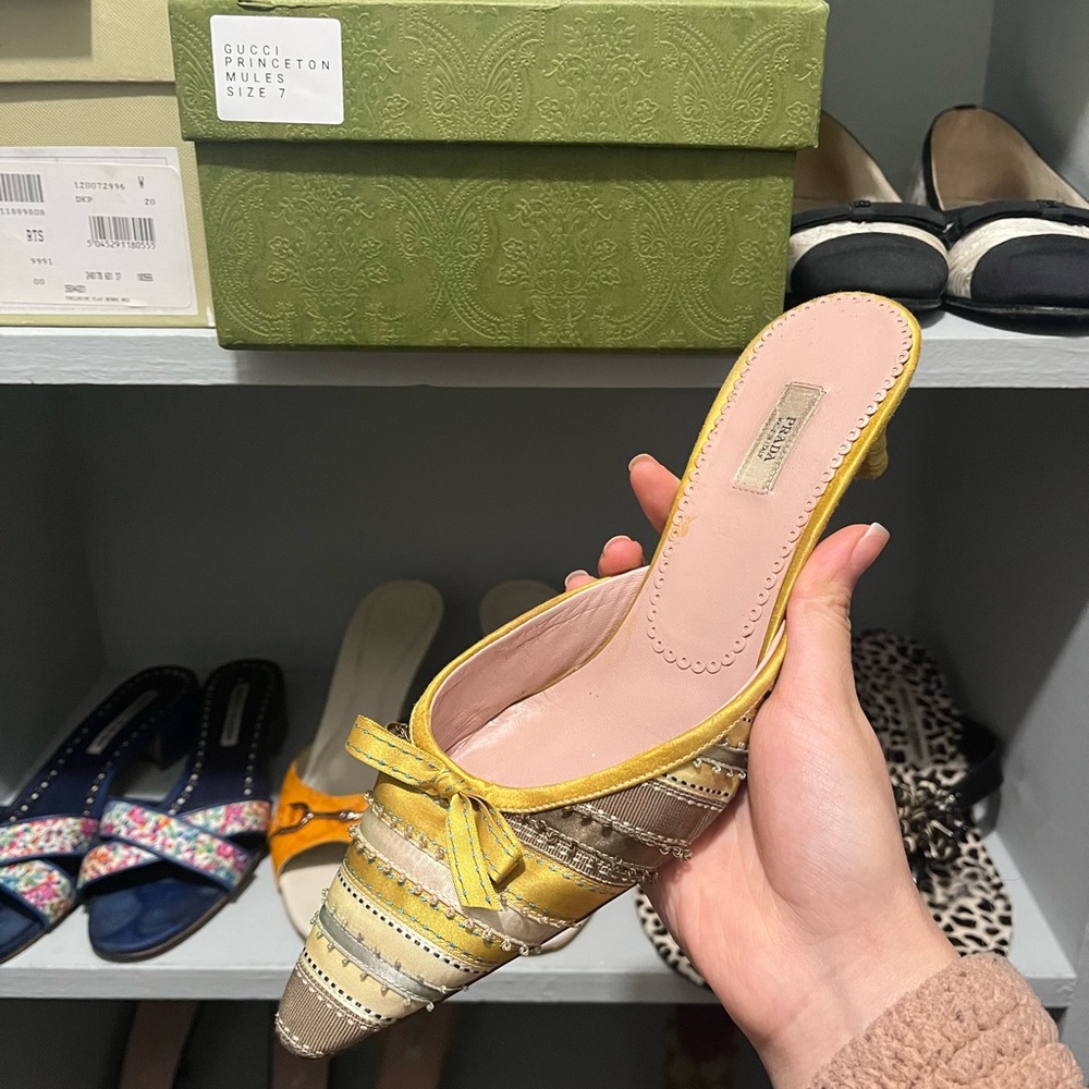 Prada Women's Yellow and Tan Mules